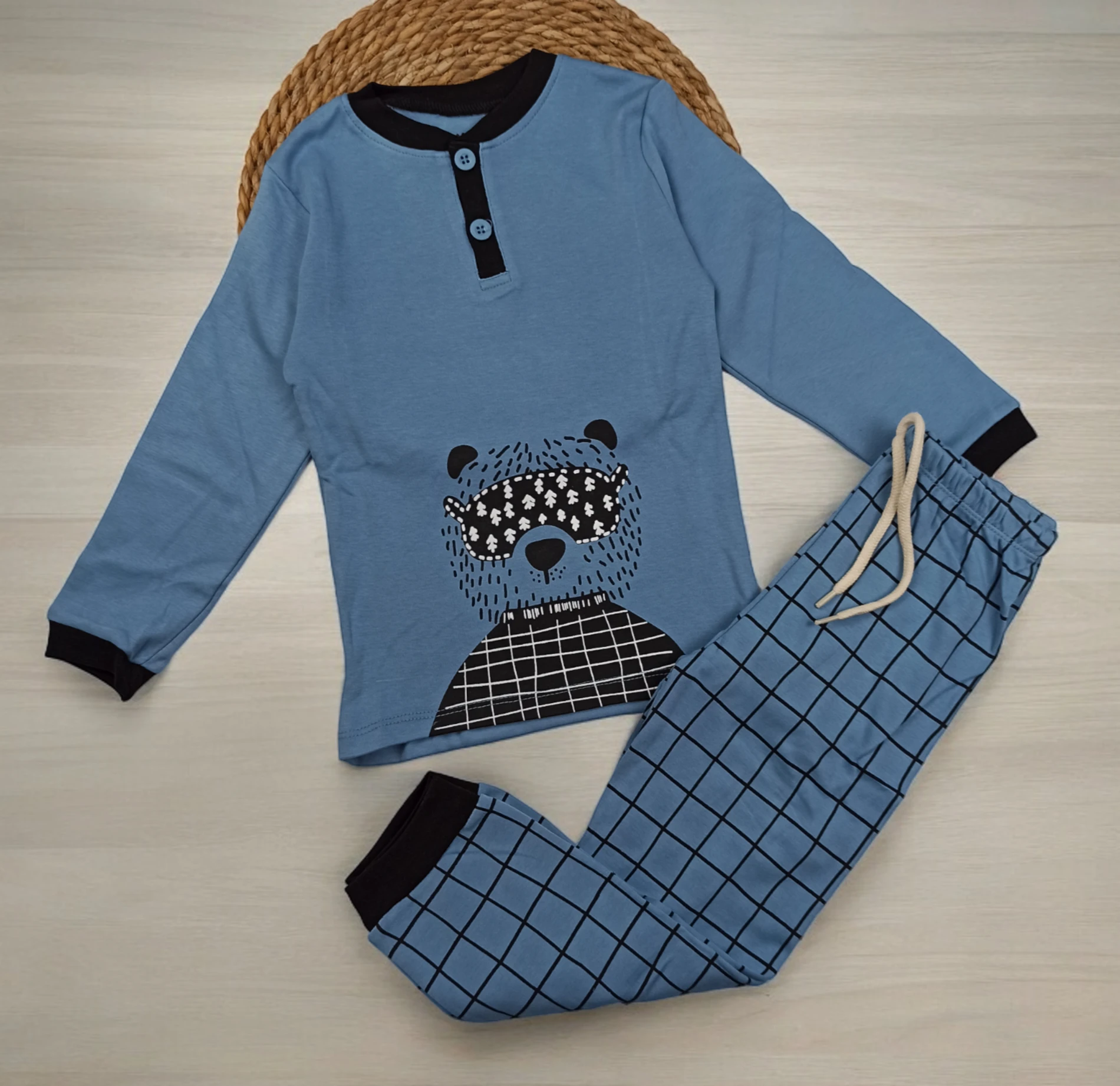 Çocuk 4-7 Yaş Ayıcıklı Düğmeli Detaylı Pijama Takımı