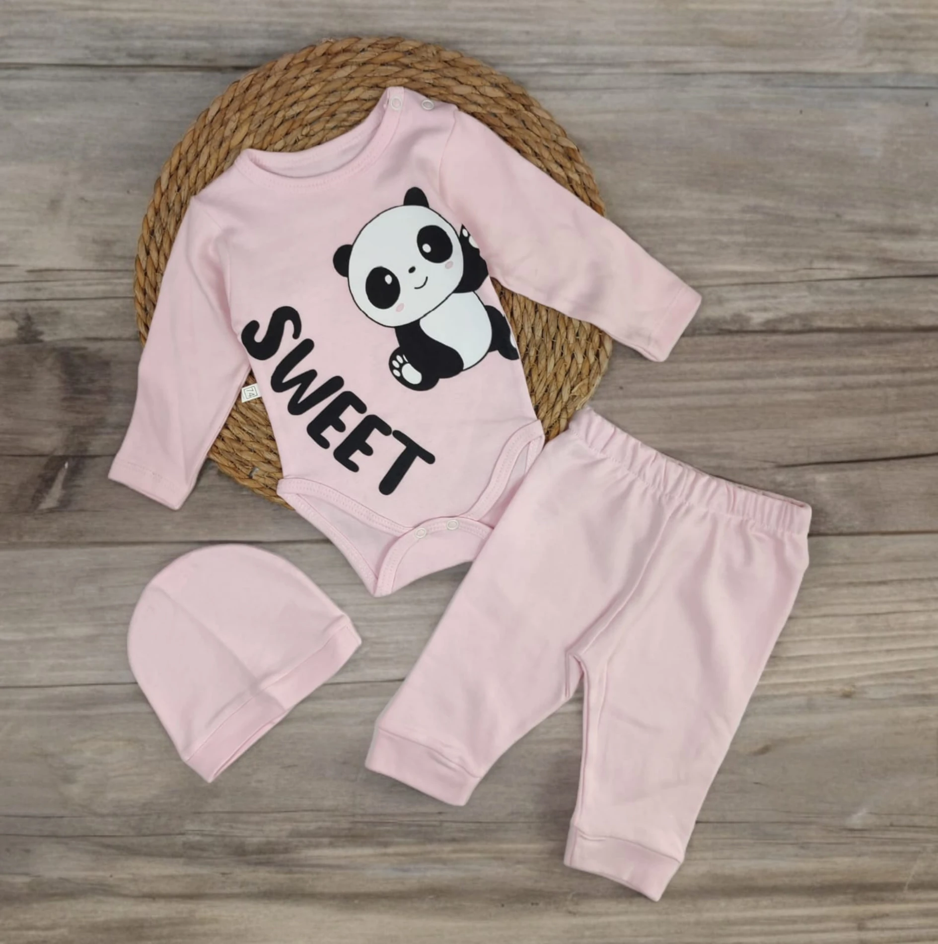 Bebek 3-18 Ay Minik Panda Baskılı Çıtçıtlı Badili Şapkalı Mevsimlik 3lü Takım