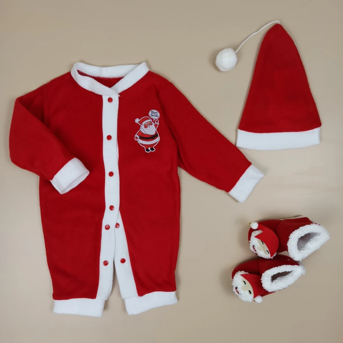 Bebek 6-12ay  Noel Baba Kostümü  Wellsoft Tulum Şapka Panduf 3 lü  Set