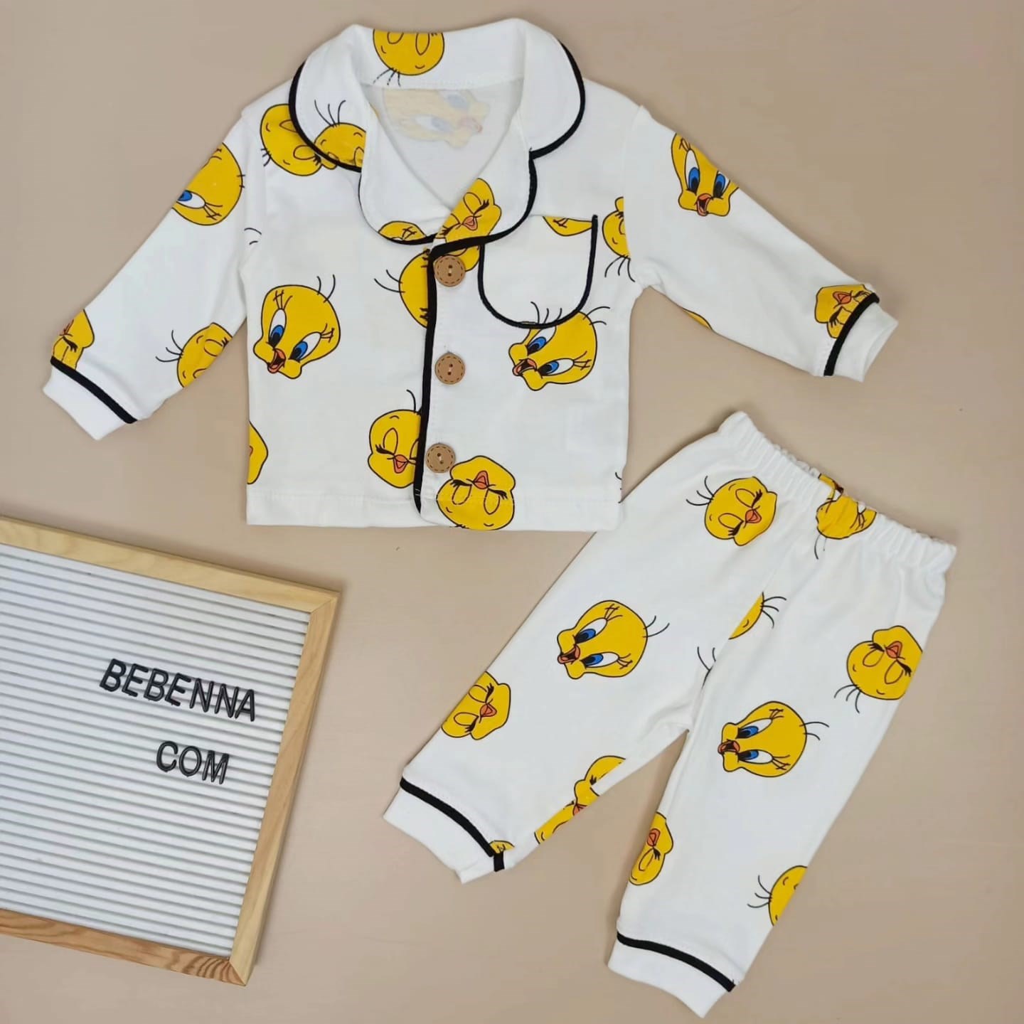 Bebek Pijama Takımı 6-24 Tweety Baskılı Düğme Detaylı Sarı