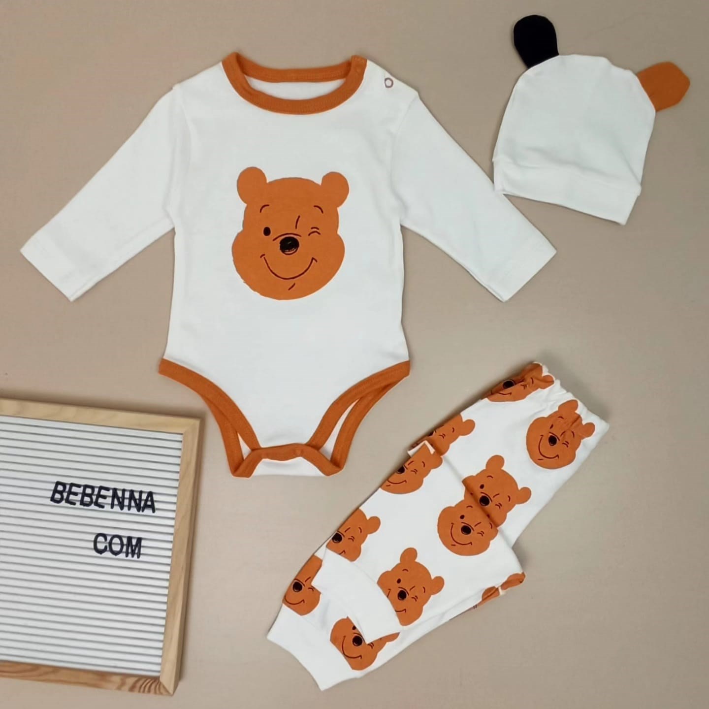 Bebek Takım 3-9 ay Pooh Baskılı Çıtçıtlı Badili Mevsimlik 3 lü Set