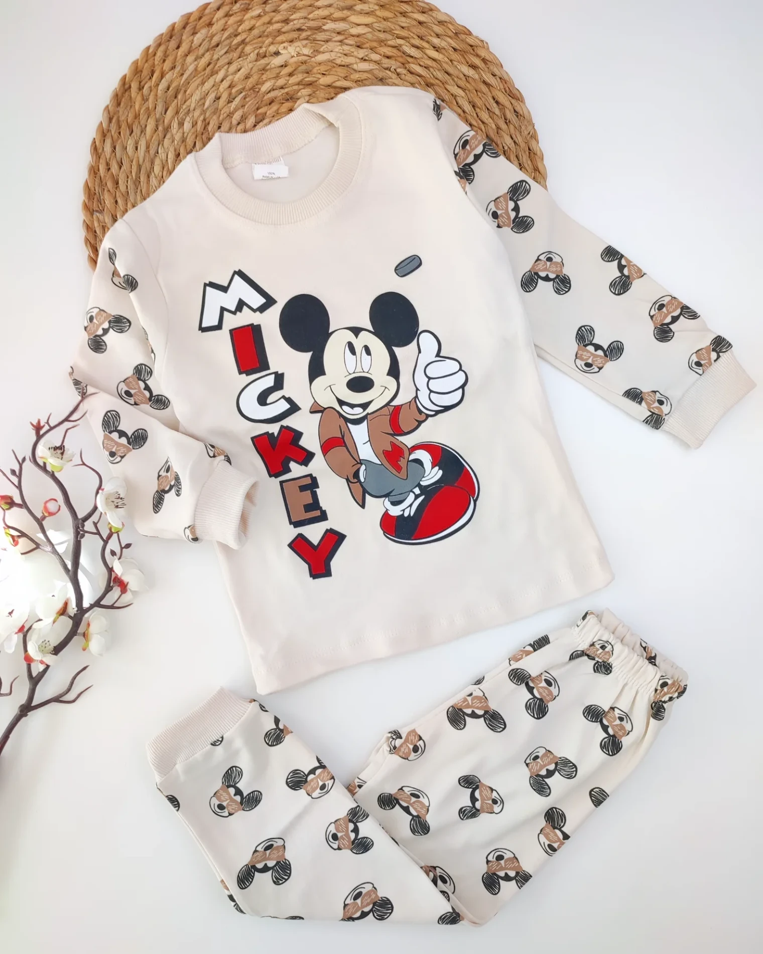 Bebek 4-6 Yaş  Mickey Mause BaskılI Pijama Takımı Bej