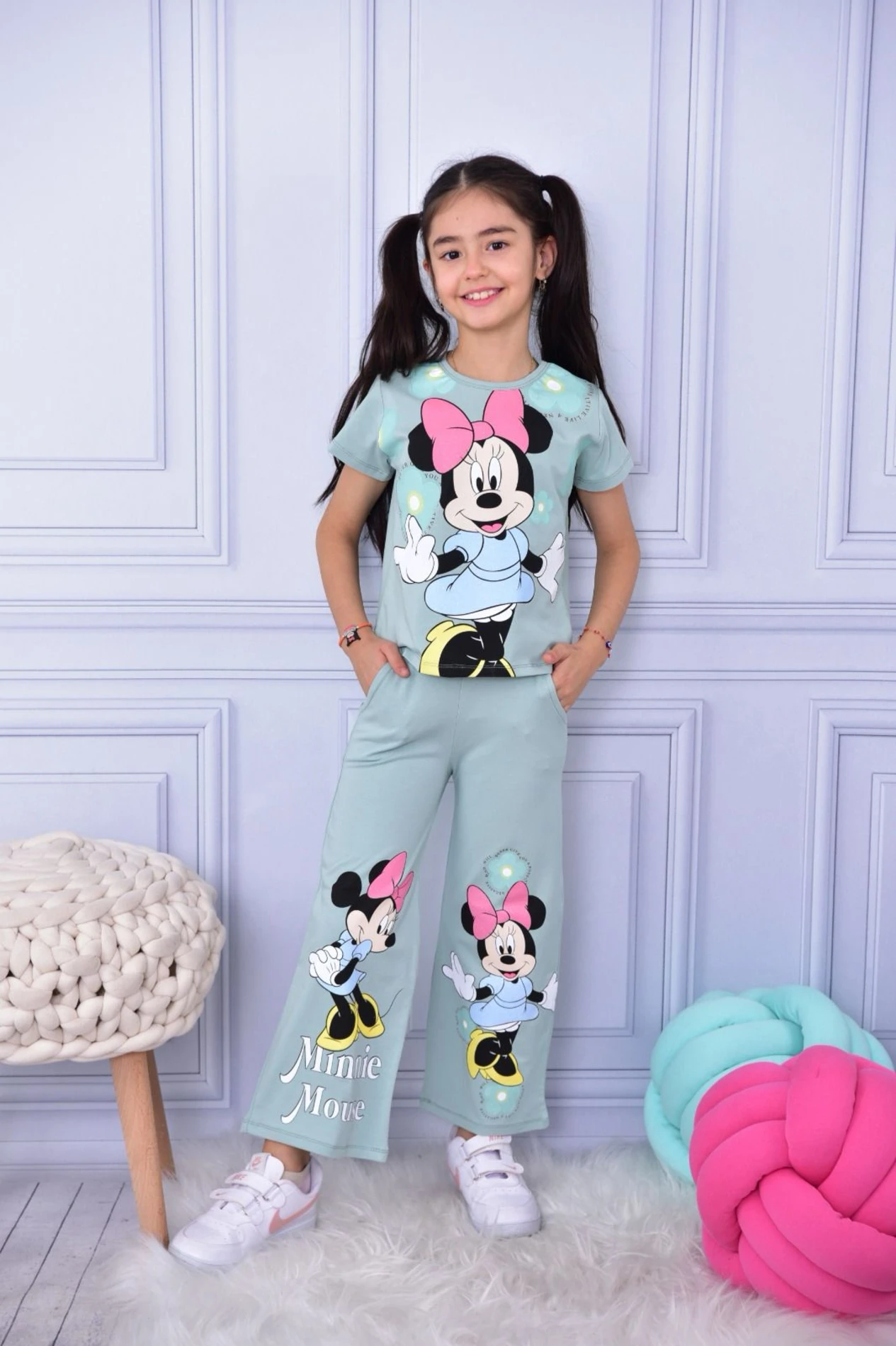 Çocuk Kız 3-10 Yaş Minnie Mouse Baskılı Bol Paça 2 li Takım Çeşit