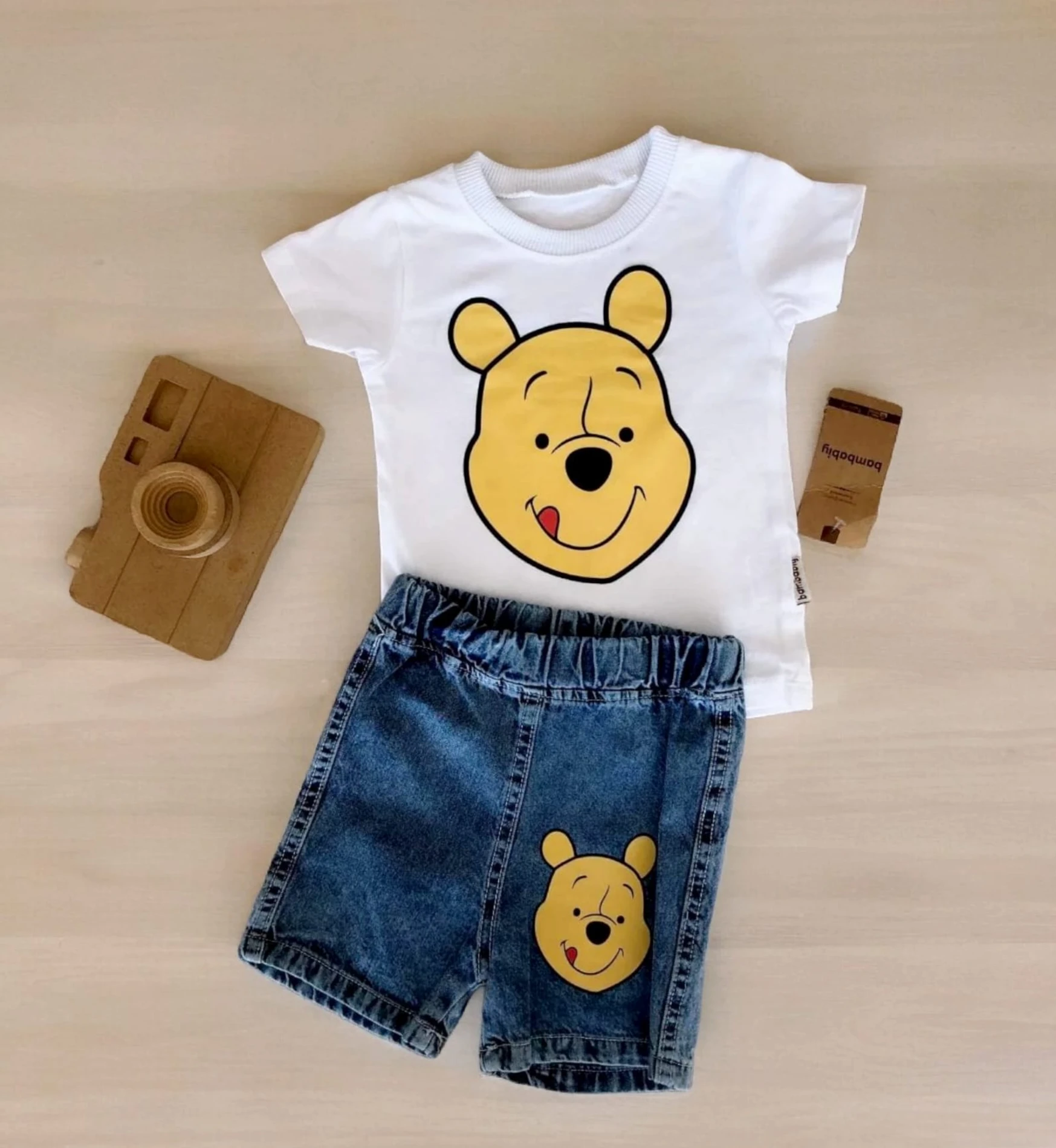 Bebek 6-24 Ay Ayıcık Baskılı Kot Şortlu Unisex 2’Li Takım