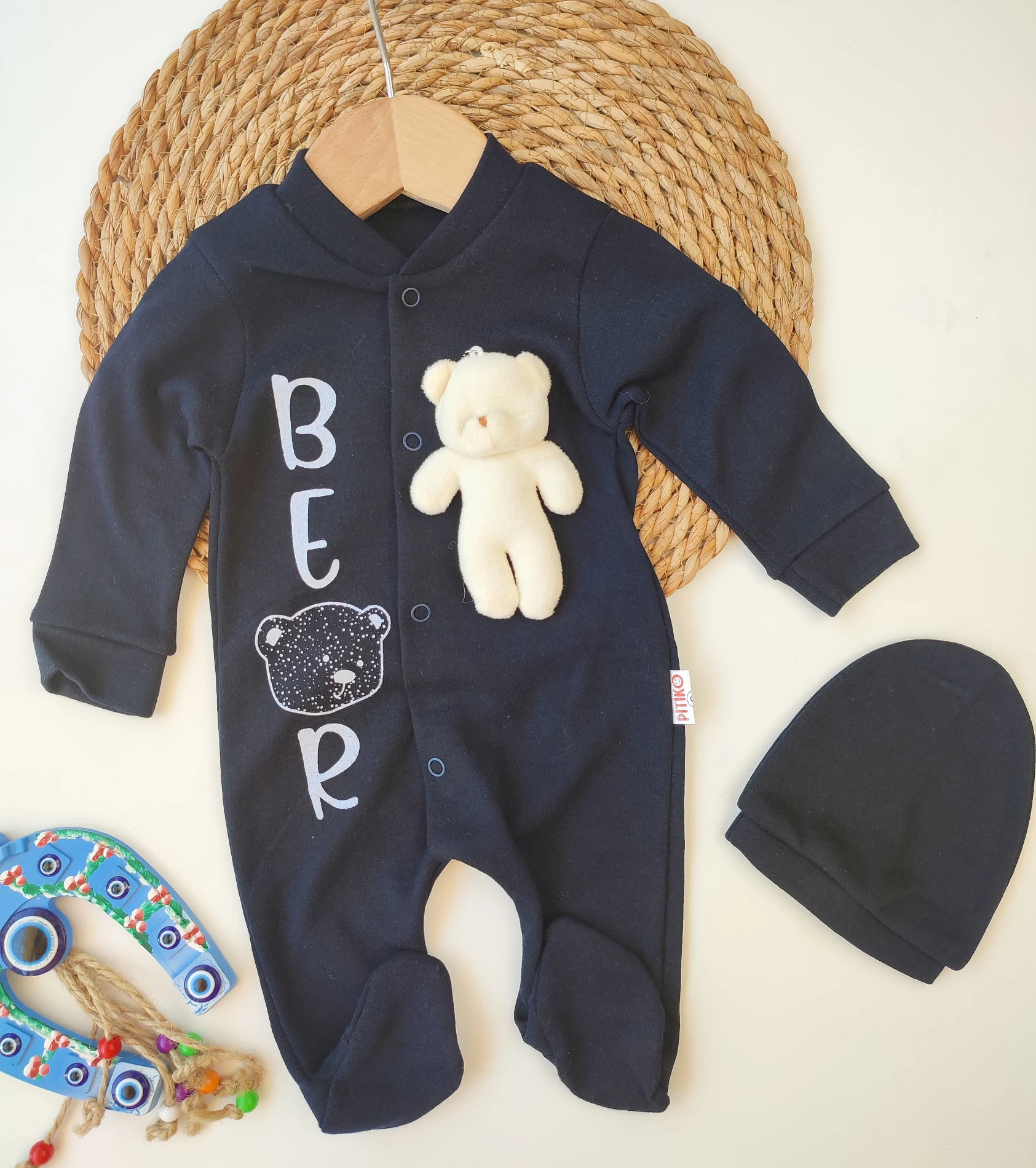 Bebek 3-9 Ay Bear Baskılı 3D Ayıcık Detaylı Patikli 2li Tulum