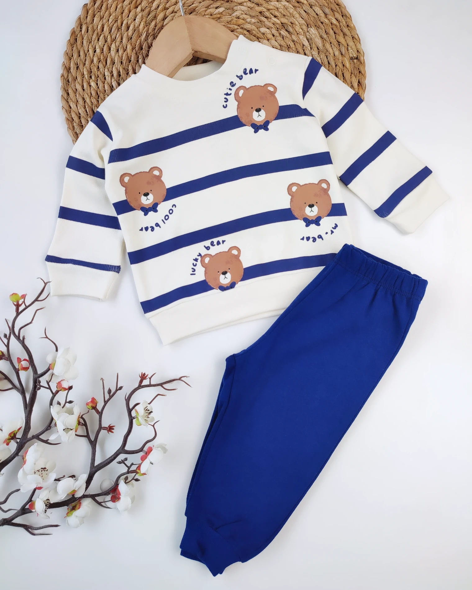 BEBEK 6-18 AY CUTE BEAR BASKILI OMUZDAN ÇITÇITLI 2 Lİ MEVSİMLİK TAKIM 